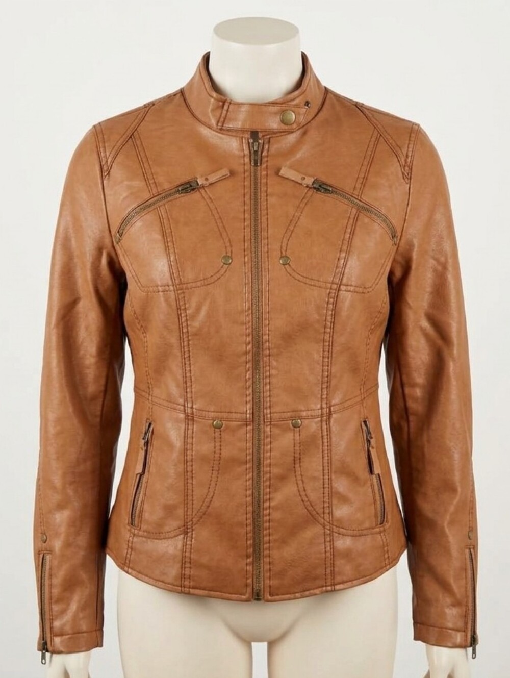 🛍Brave Soul Brown Faux Leather Moto Biker Jacket Size M Womens Zippered Pockets